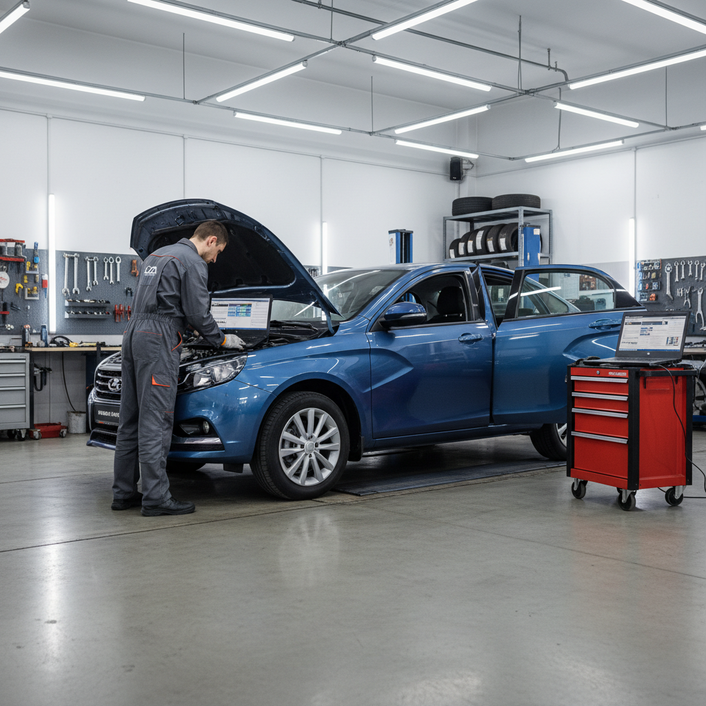 Лада Веста на подъёмнике