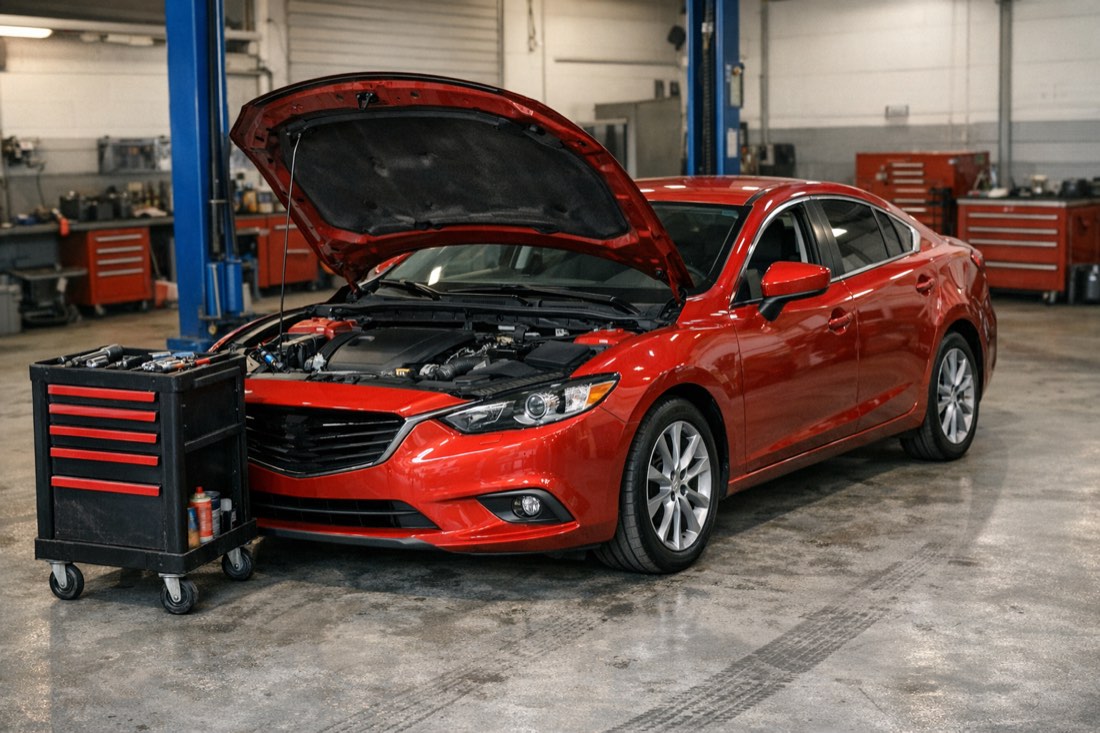 Mazda в ремонтном боксе, диагностика двигателя