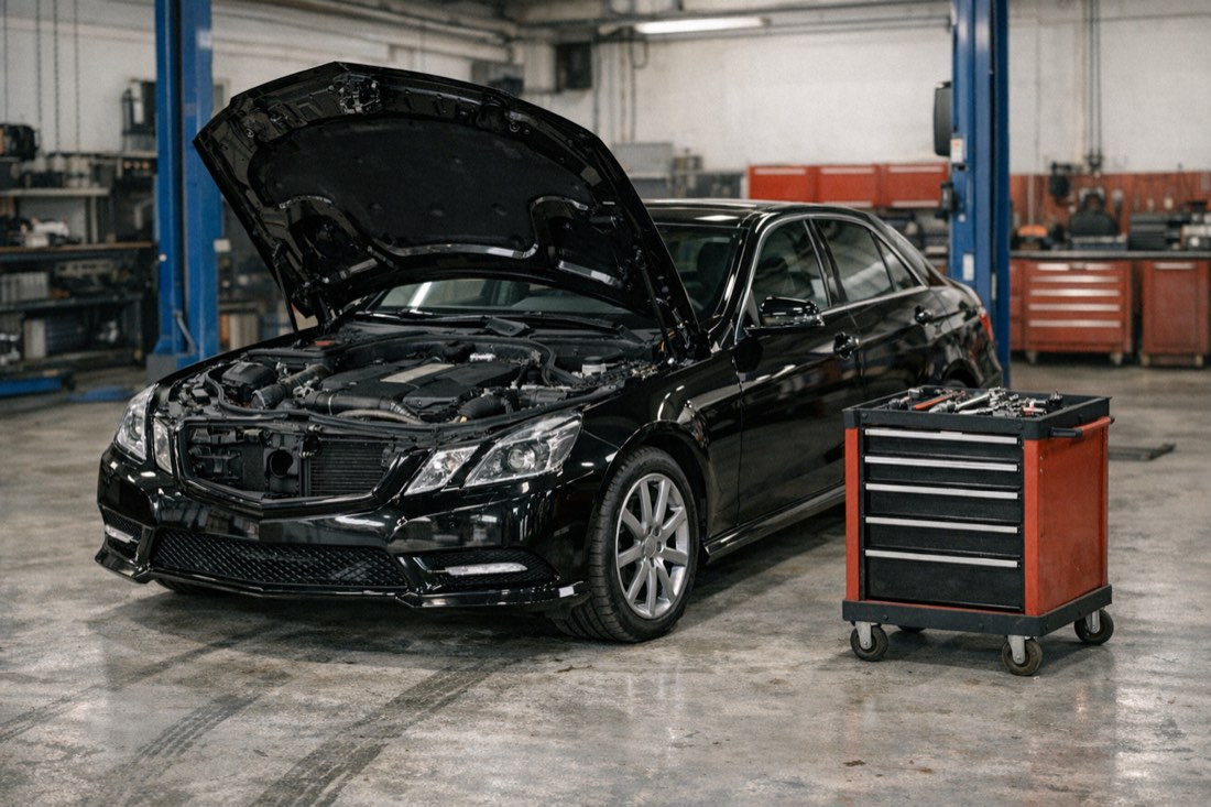 Mercedes-Benz в ремонтном боксе, диагностика двигателя