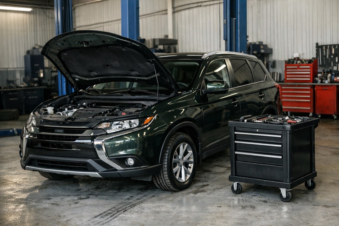 Mitsubishi в ремонтном боксе, диагностика двигателя