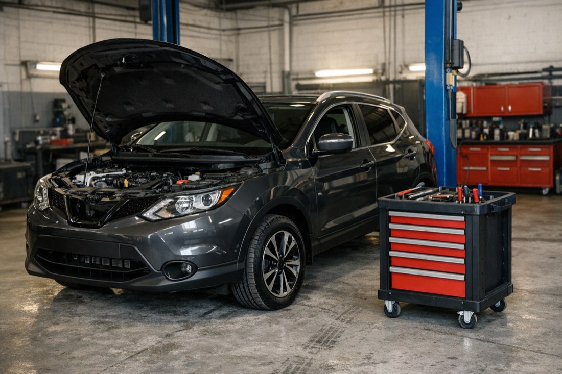 Nissan в ремонтном боксе, диагностика двигателя