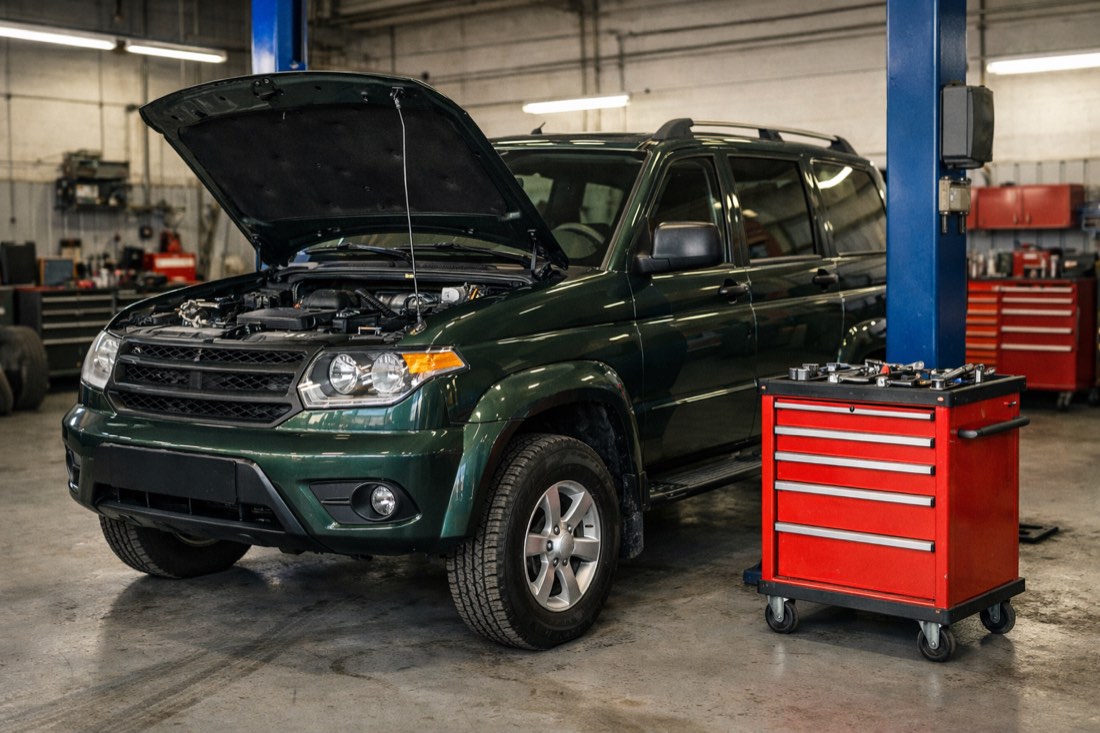 УАЗ в ремонтном боксе, диагностика двигателя
